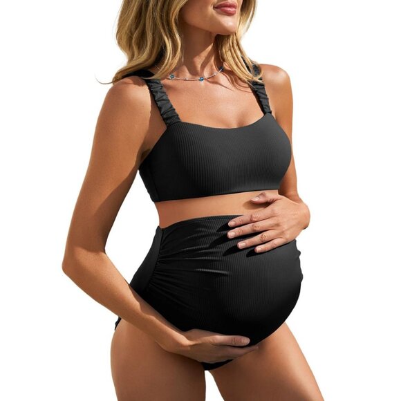 Summer Mae Black Ribbed Maternity Bikini Swimsuit High Waisted Size 4 NWT #2109 - Picture 1 of 9